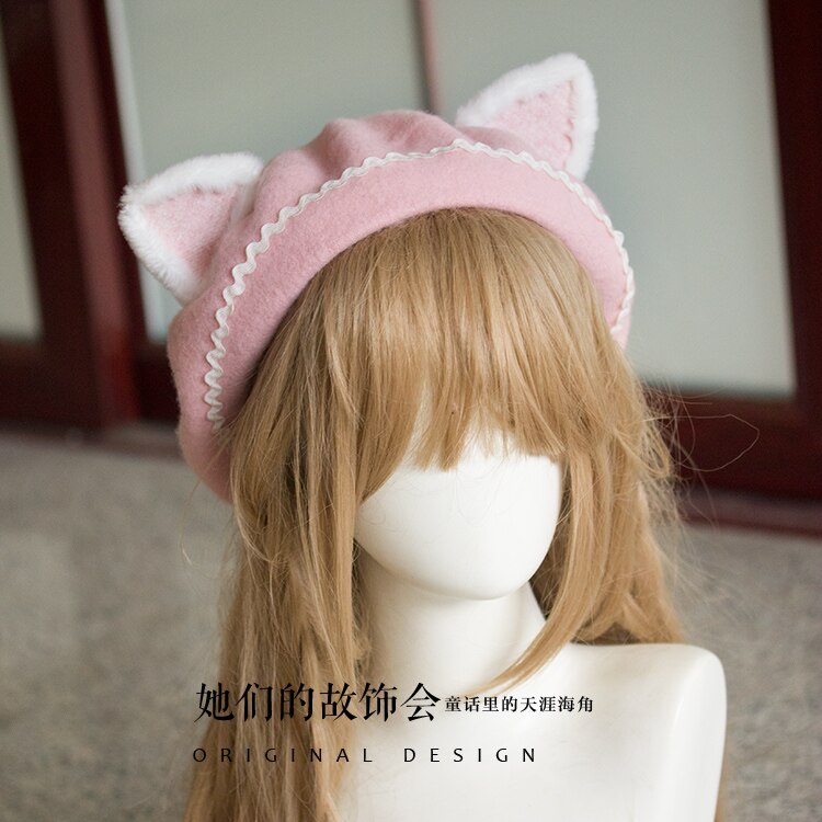 Dulce princesa Lolita hermosa Oreja de Gato boinas femenino lindo boinas de lana para el invierno de estilo japonés Mori chica invierno de lana gorra
