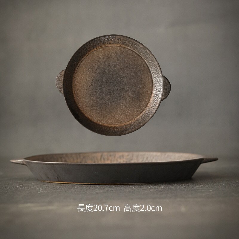 Japanese Retro Ceramic Tableware Rough Pottery Pasta Shallow Plate Binaural Steak Plate Home Salad Cooking Western Plate: A small size