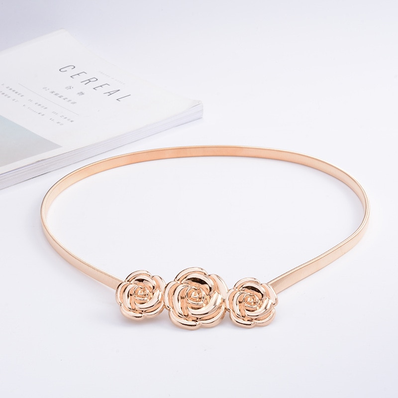 Ceinture avec boucle métallique élastique pour femmes, tenue avec chaîne or/argent, feuilles de fleurs