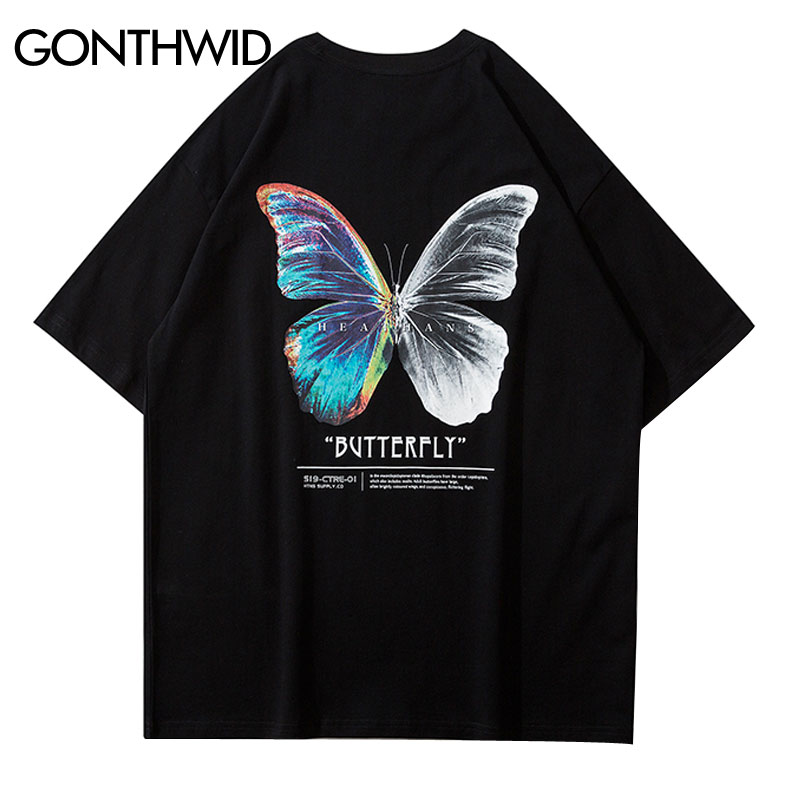 GONTHWID papillon imprimer à manches courtes t-shirts Streetwear Hip Hop décontracté ample t-shirts chemises hommes Harajuku été hauts homme