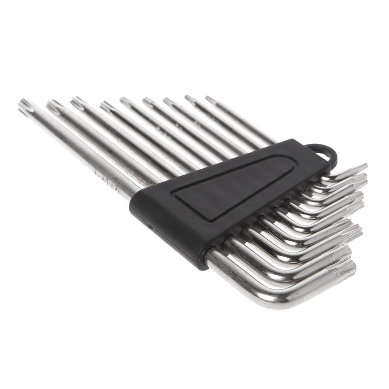 9PCS L-shape Hex key Set Torx Star Hex Wrench Tool Set with Holes Hardware Tool Kit - Silver + Black Clip T6,T7,T8,T9,T10,T15,T2