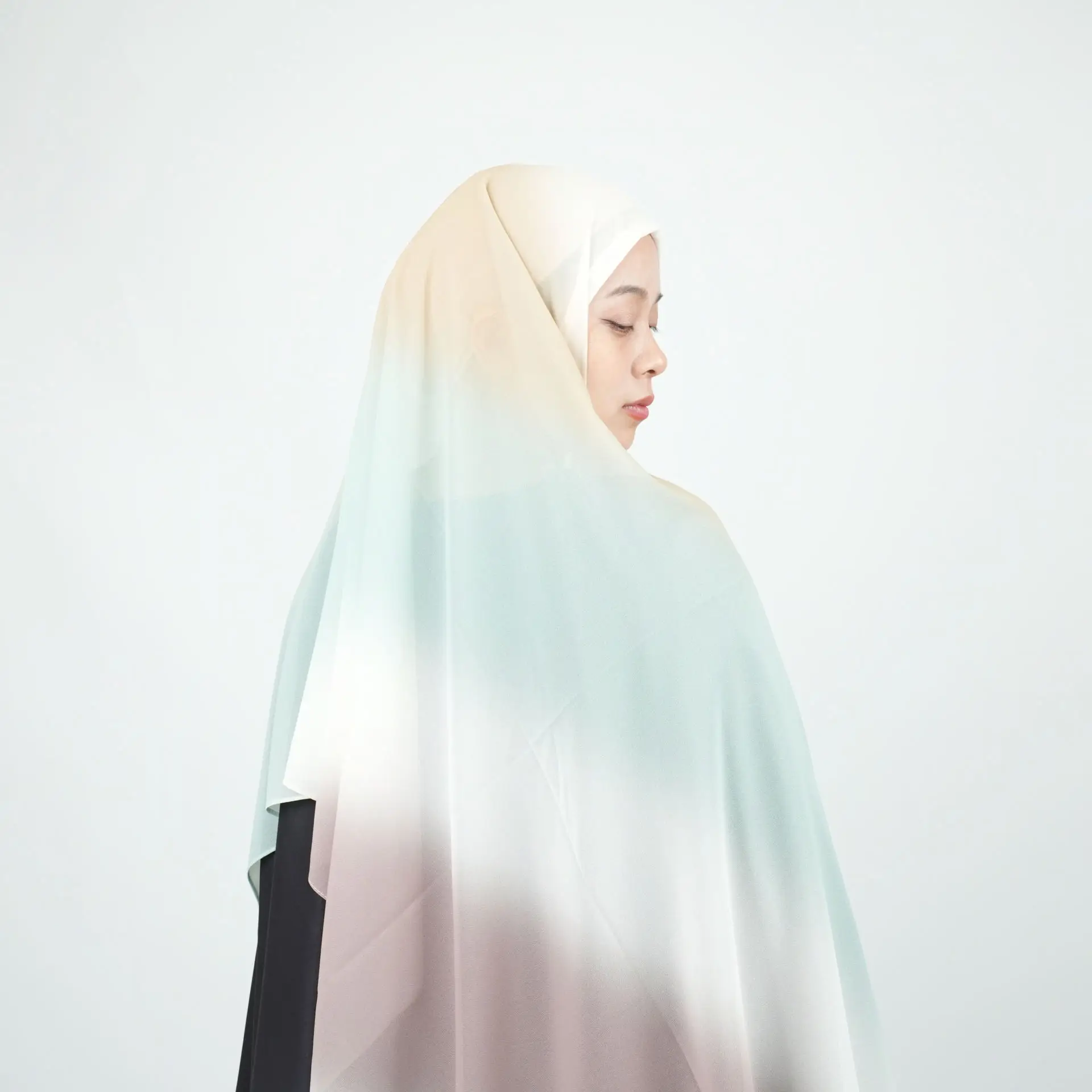 Chiffon-Hijab für Frauen, Turban-Kopftuch, Farbverlauf, Batikdruck, arabische Kopfbedeckungen, islamische Kleidung, muslimische , 70 x 175 cm