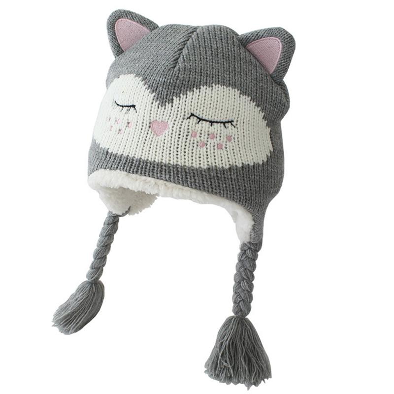 Winter Childen Knitted Hat Cartoon Kitten Pattern Knit Beanie Earflap Hat