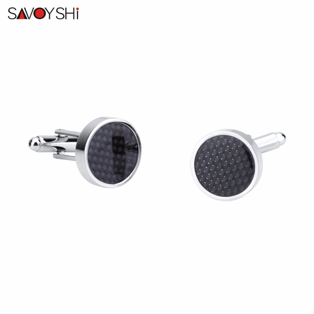 SAVOYSHI Black Carbon Fiber Cufflinks for Mens Shirt Cuff buttons Round Silver color Cuff link Brand Men Jewelry