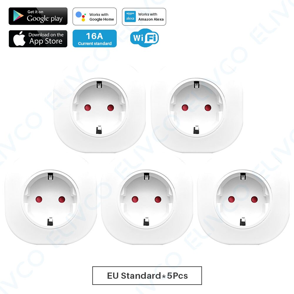 WiFi Smart Plug EU Adapter 16A Tuya APP Remote Voice Control Steckdose Timing Funktion Arbeitet Mit Alexa Google Assistent: EU Plug-5Pcs