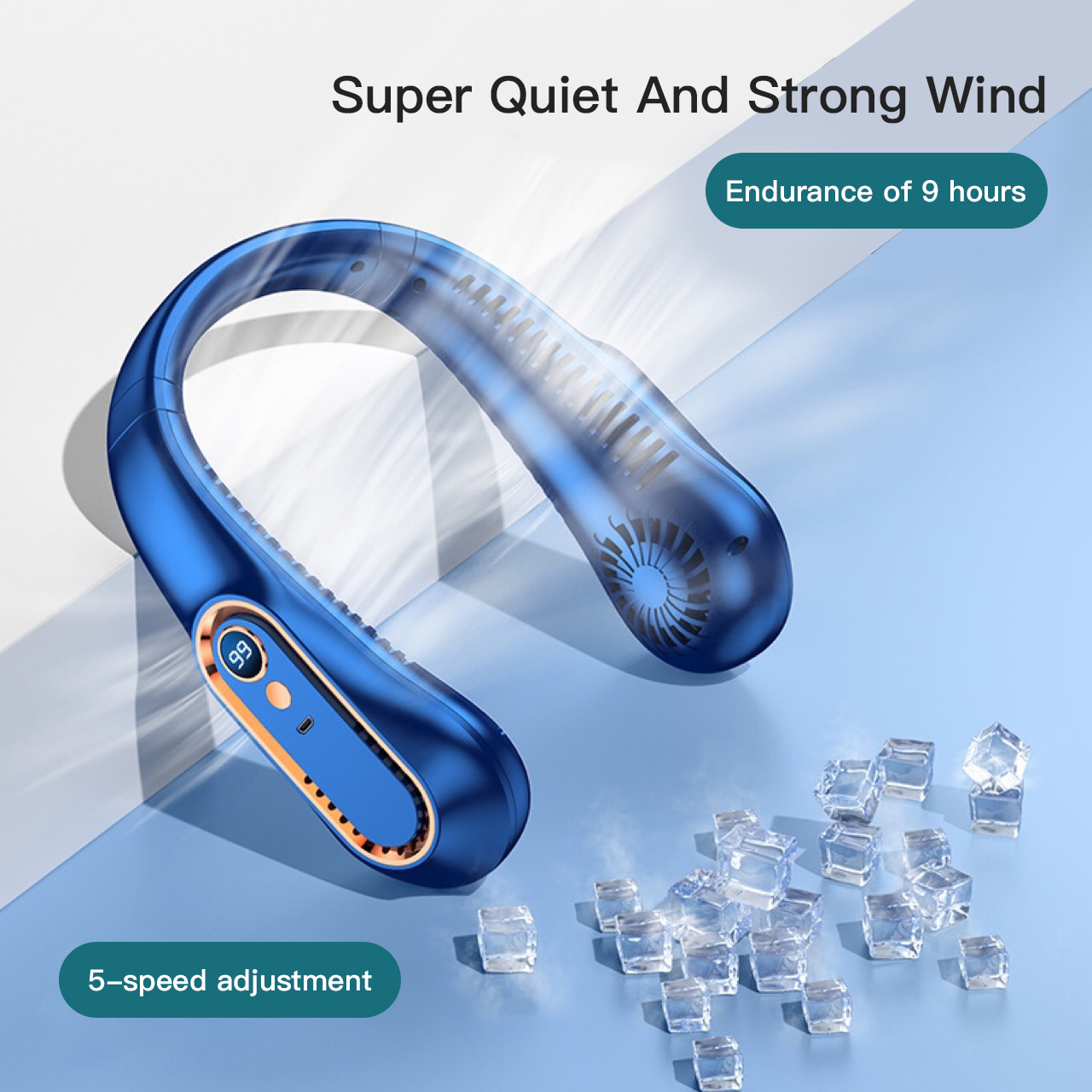 3000mAh ventilateur de cou suspendu Portable sans lame Mini USB Rechargeable muet LED affichage numérique ventilateur électrique refroidisseur d'air d'été ﻿: Bleu