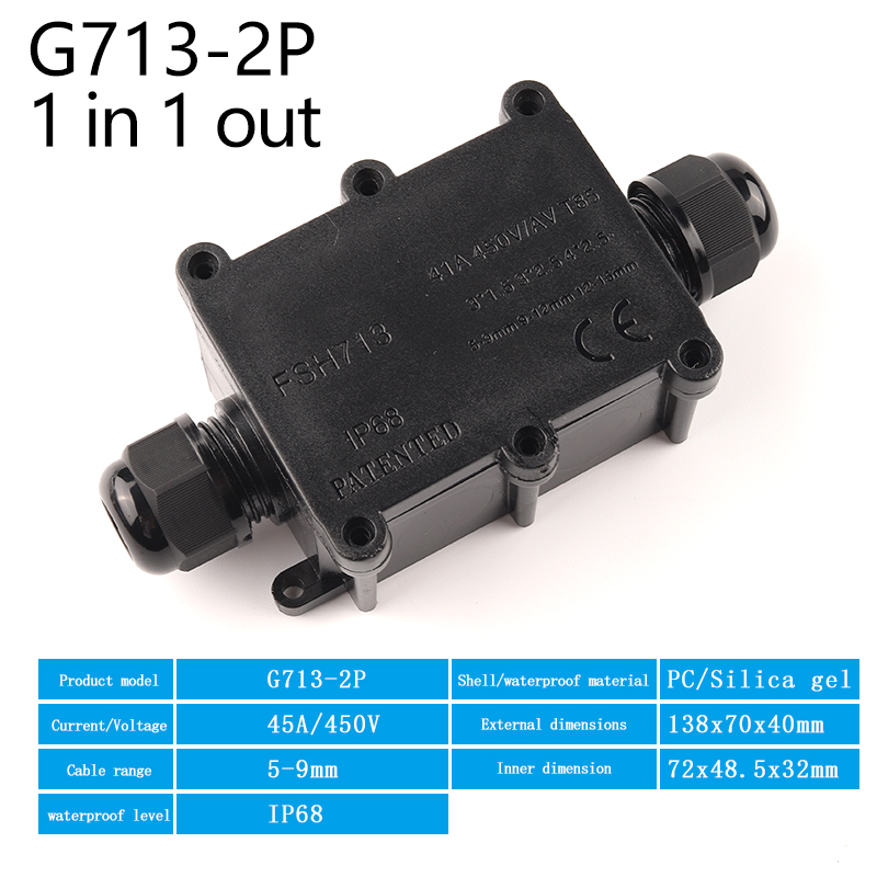 IP68 2/3/4/5/6Way Outdoor Cable Junction Box With Terminal For Electrical Wiring Accessories45A/450V Black Waterproof Enclosure: G713-2P