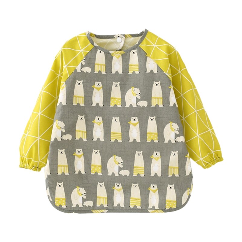 Lange Mouw Teken Smock Slab - Waterdichte Cartoon Voedingshoes voor Baby Kinderen Peuters: Grijze beer / 80
