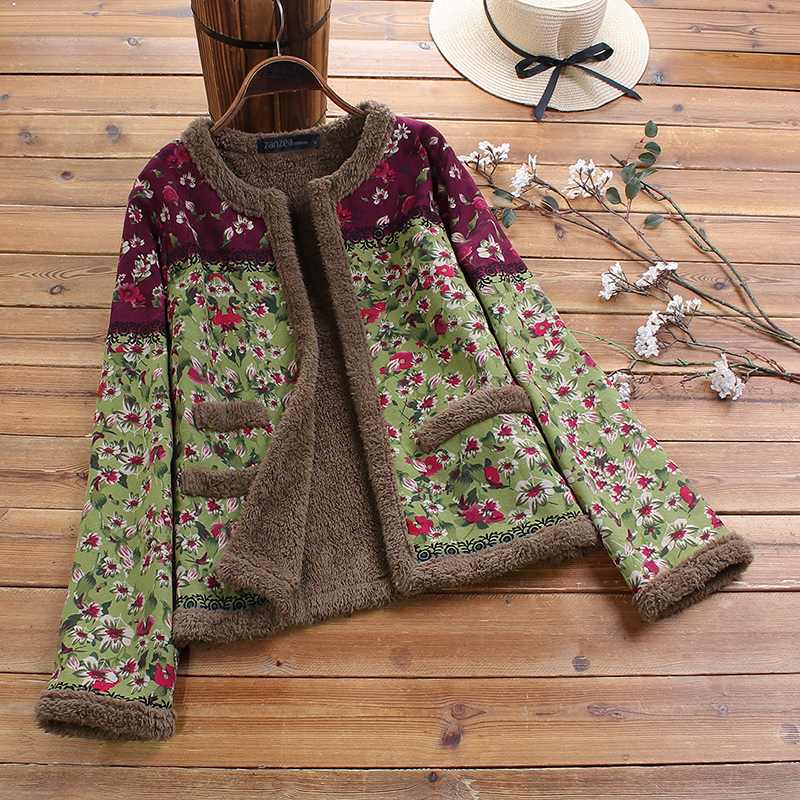 Vintage Open Voorzijde Pluche Pluizige Jassen ZANZEA Winter Bloemen Gedrukt Jassen Vrouwen Lange Mouw Uitloper Vrouwelijke Jas Chaqueta: Groen / L