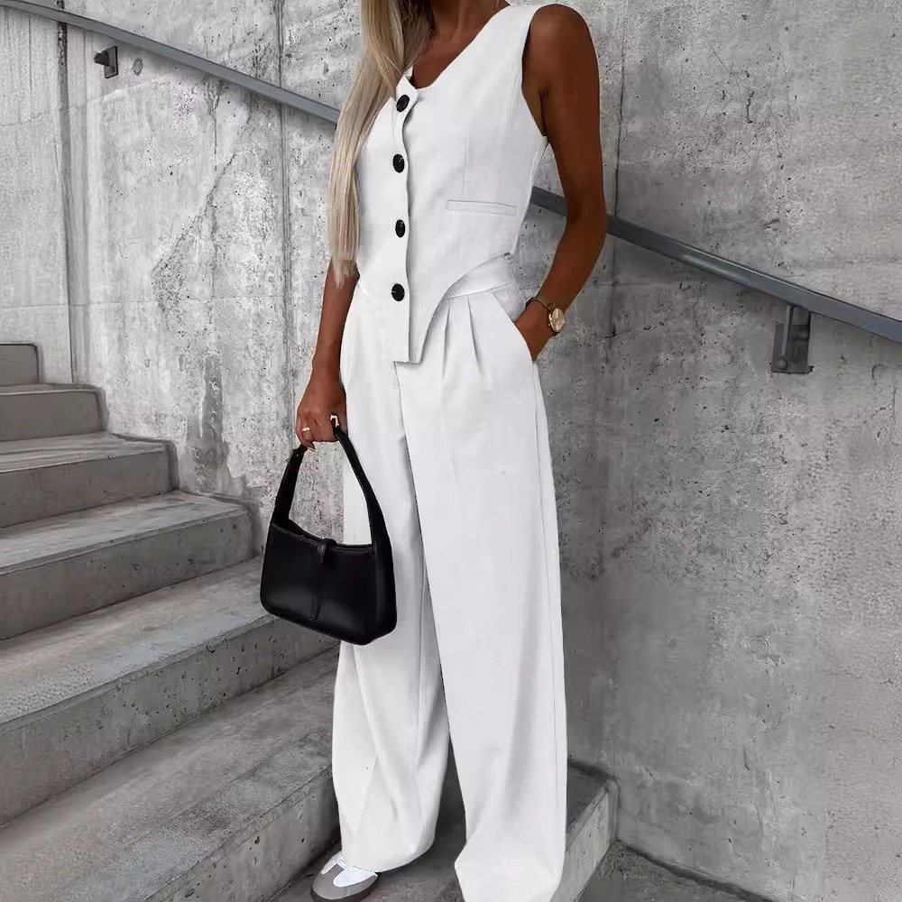 Conjunto de dos piezas para mujer, chaleco a rayas sin mangas, Blazer, Top y pantalones anchos fruncidos, traje de oficina, verano y otoño, 2025: S / Blanco