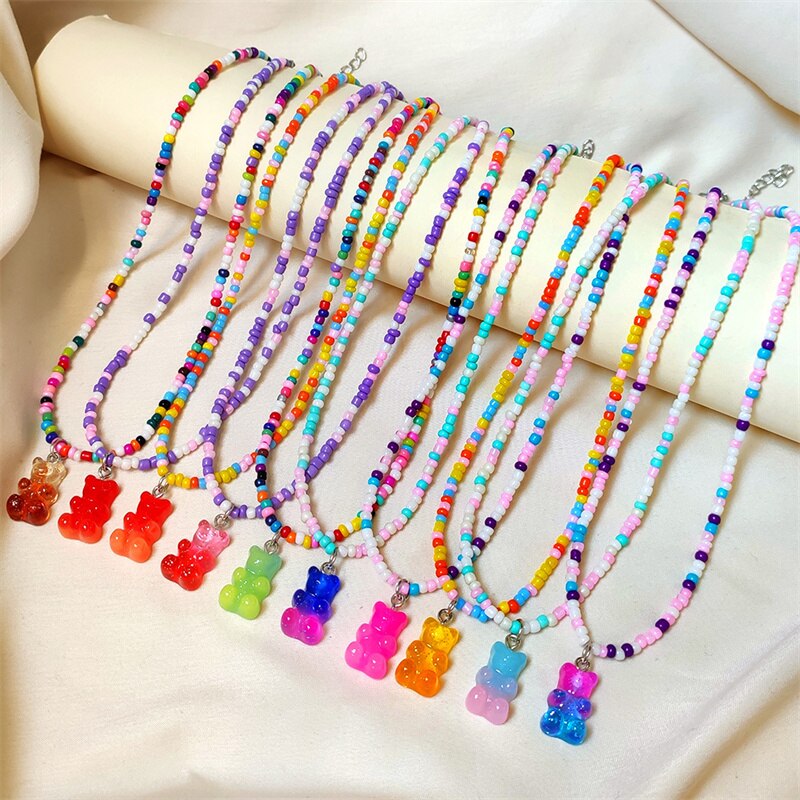 Collier de perles rondes colorées pour femmes, style bohème, mignon, dégradé arc-en-ciel, pendentif ours en résine, à la , bijoux pour filles