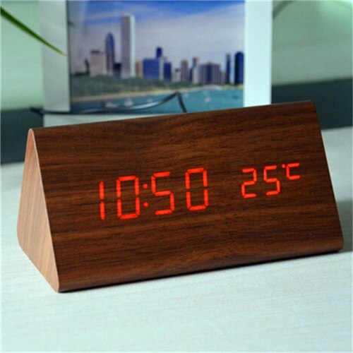 triangular wooden clock,sound control,thermometer,4 color LED display,digital desktop bedroom alarm clock on desk: brown clock red