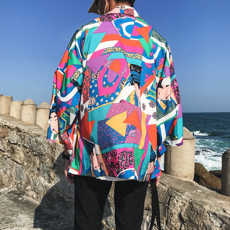 Oscn 7 trykt kimono cardigan skjorte herre street korea trekvart ermer frakk skjorter harujuku herre skjorte 8805