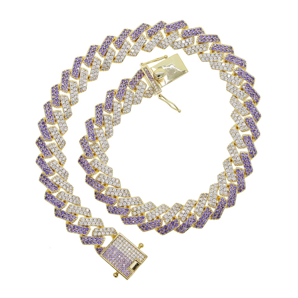 luxury Rock Iced Out hip-hop bling Bling wide Miami cuban link chain purple White cubic zirconia cz choker necklace Jewelry: gold white purple / 46cm