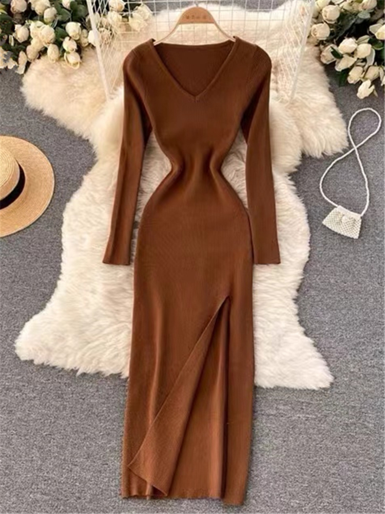 REALEFT Otoño Invierno francés Sexy hendidura suéter de las mujeres vestido femenino con cuello en V ajustado vestidos envolventes 2023: S / Castaño