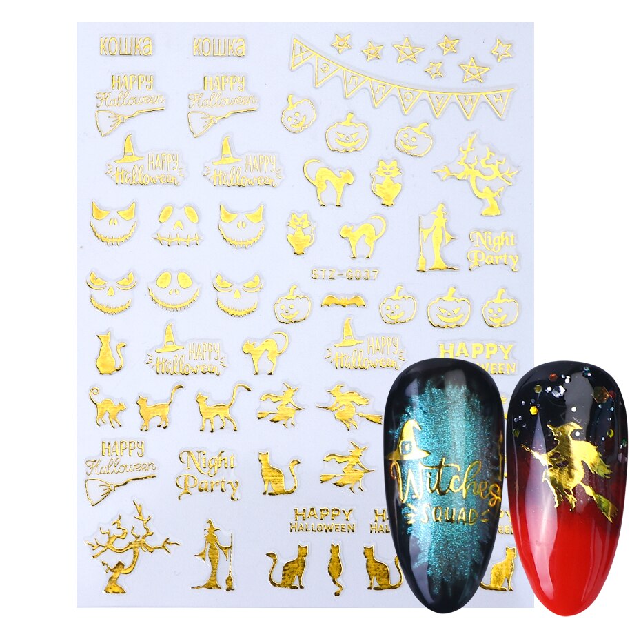 Halloween negler svarte klistremerker nail art dekaler edderkopp spøkelse gresskar kult skummelt skyveomslag negledekor manikyr chstzg 032-040: Stzg 037 gull