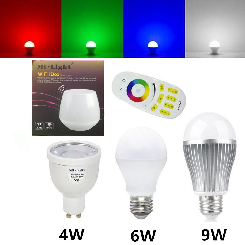 Milight – lampe Led 2.4G avec contrôleur Wifi, GU10, E27, 4, 6, 9W, RGBW, RGBWW, télécommande à quatre zones, variable