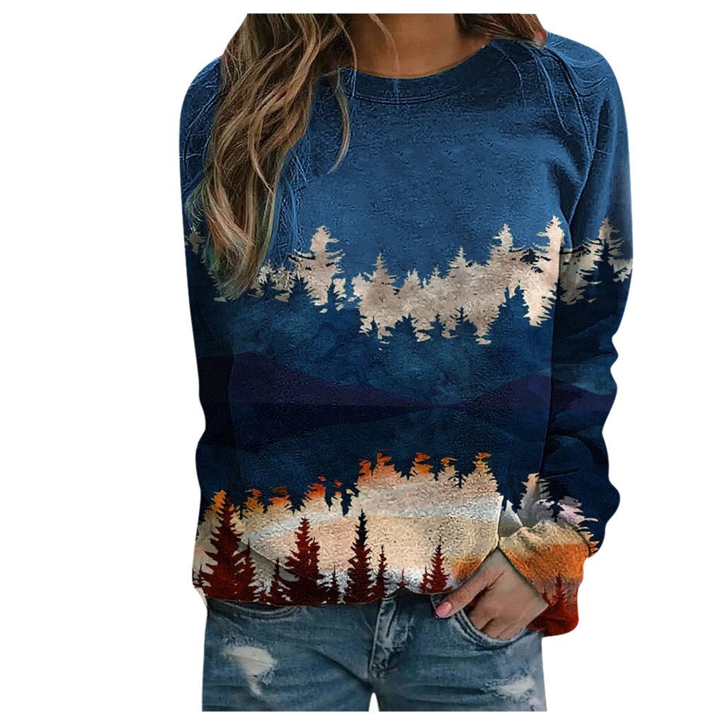 Femmes imprimé à manches longues sweat-shirt Pullover décontracté éléments de montagne imprimé décontracté dames col rond pour l'automne hiver: Bule / S