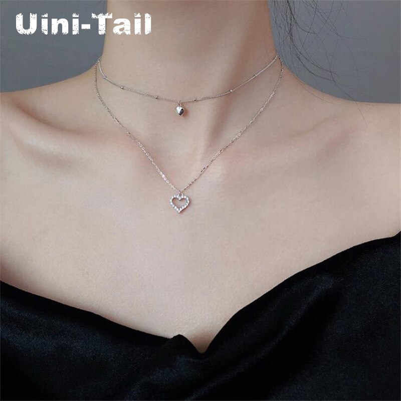 Uini-collier en argent sterling 925, double cœur, micro-incrusté, collier, simple, doux, tendance, tendance, tendance