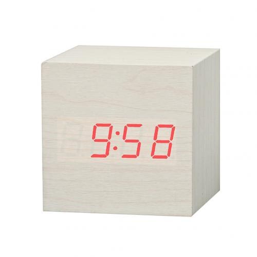 Houten Vierkante Digitale Elektronische Led Usb Klok Bureau Wekker Tafel Voice Control Decoratie School Intelligente Klok: White  Red Figure