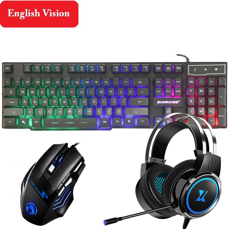 3 in 1 Gaming Keyboard Mouse Earphone Sets 3 Color Backlit EN/RU Keyboard 2400DPI Gaming Mice Headset Microphone For Laptop PC: English Combos