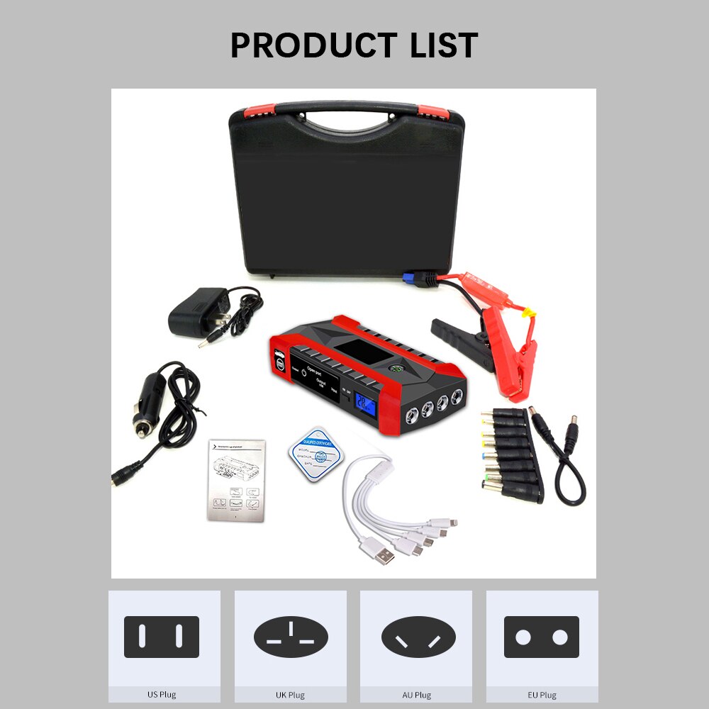 Démarreur de saut de voiture Portable, Booster de batterie, avec Port de charge intelligent, boussole, écran LCD et lumière LED, 1000a, 89800mAh