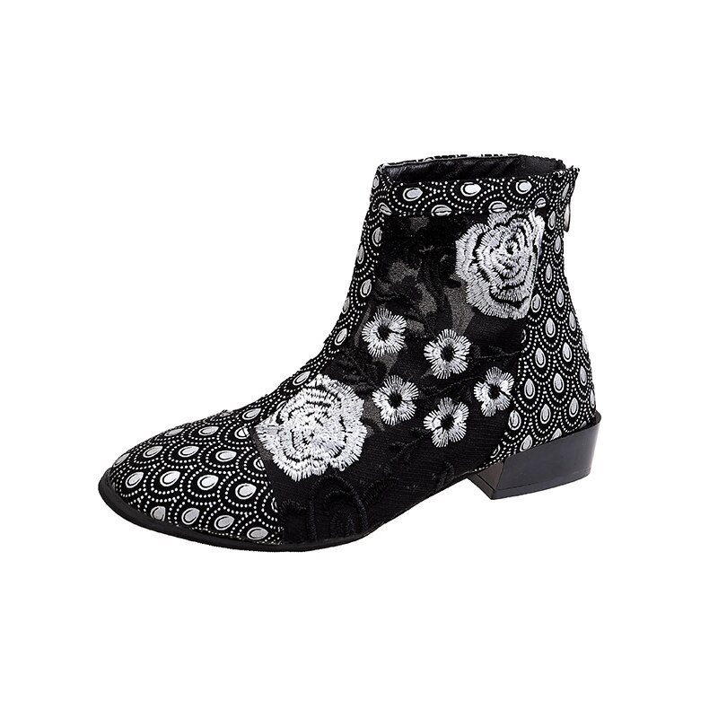 LazySeal Air maille broder été Cool bottines femmes retour Zip bout rond talons carrés dentelle fleurs Cool bottes femme: Black / 9