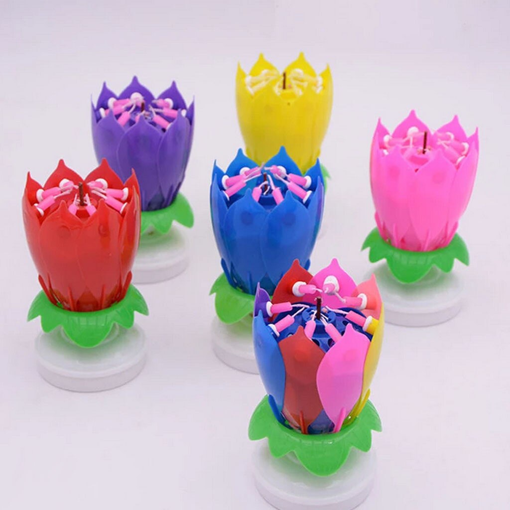 Innovative Party Cake Candle Musical Lotus Flower Rotating Happy Birthday Music Candle Light Party DIY Cake Decoration 1PC