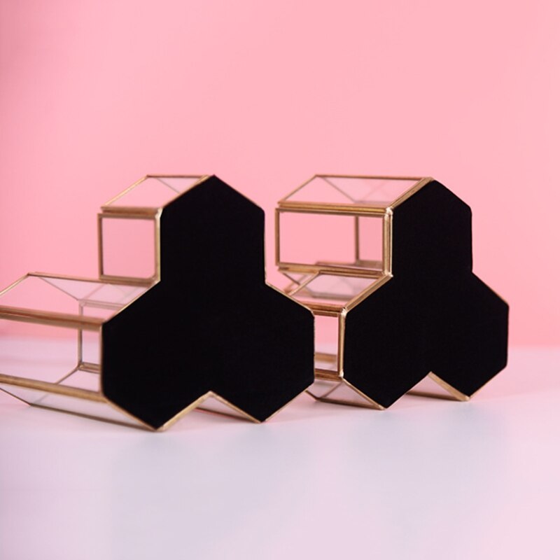 Glass Copper Hexagon Composite Pen Holder Makeup Brush Glass Box Multifunction Desktop Organizer Office Accessories
