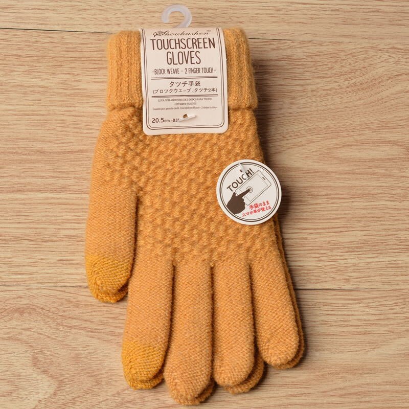 Vinter berøringsskærm handsker kvinder mænd varm stretch strik vanter imiteret uld fuld finger guantes kvindelig hæklet luvas tykkere: Gul