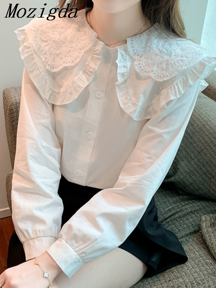 Primavera Patchwork blusa blanca Color sólido manga larga cuello Peter Pan camisa suelta Tops coreana ropa de mujer