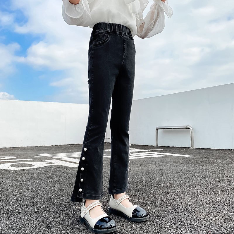 Jeans For Girls Black Boot Cut Pants with Pearl Casual Style Kids Elastic Split Flare Pants Spring Autumn Clothes 6 8 10 12 14Y