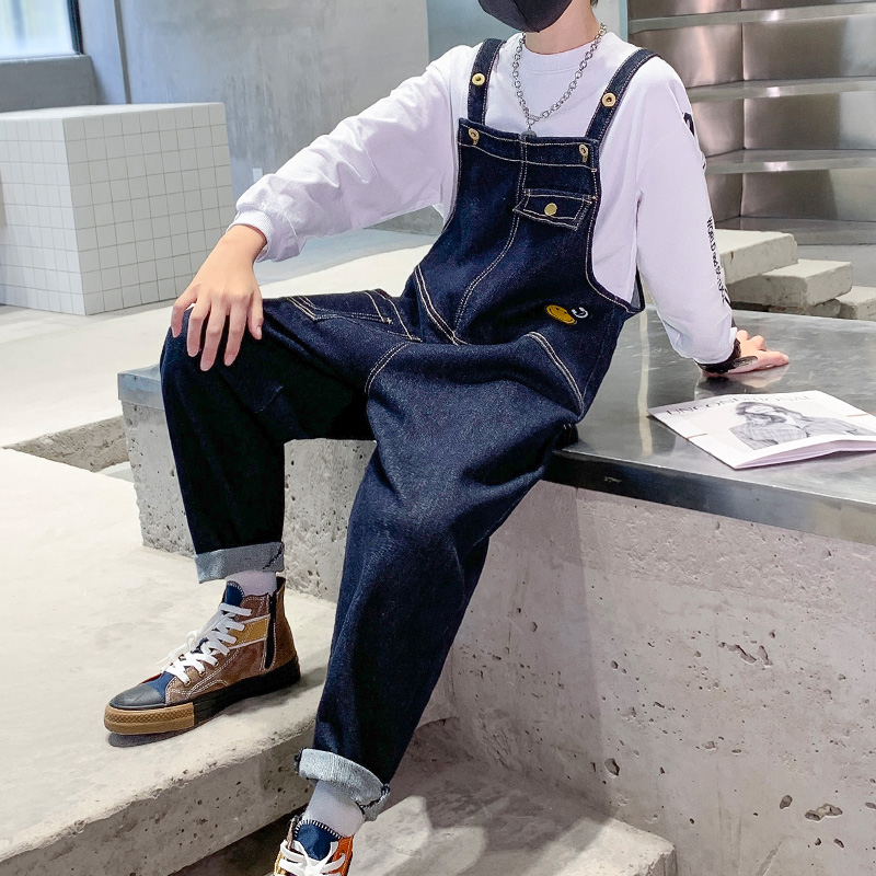 Herfst Bib Broek Overalls Jumpsuits Jongens Cartoon Splicing Mode Denim Jarretel Losse Pocket Cowboy Unisex Denim Jeans