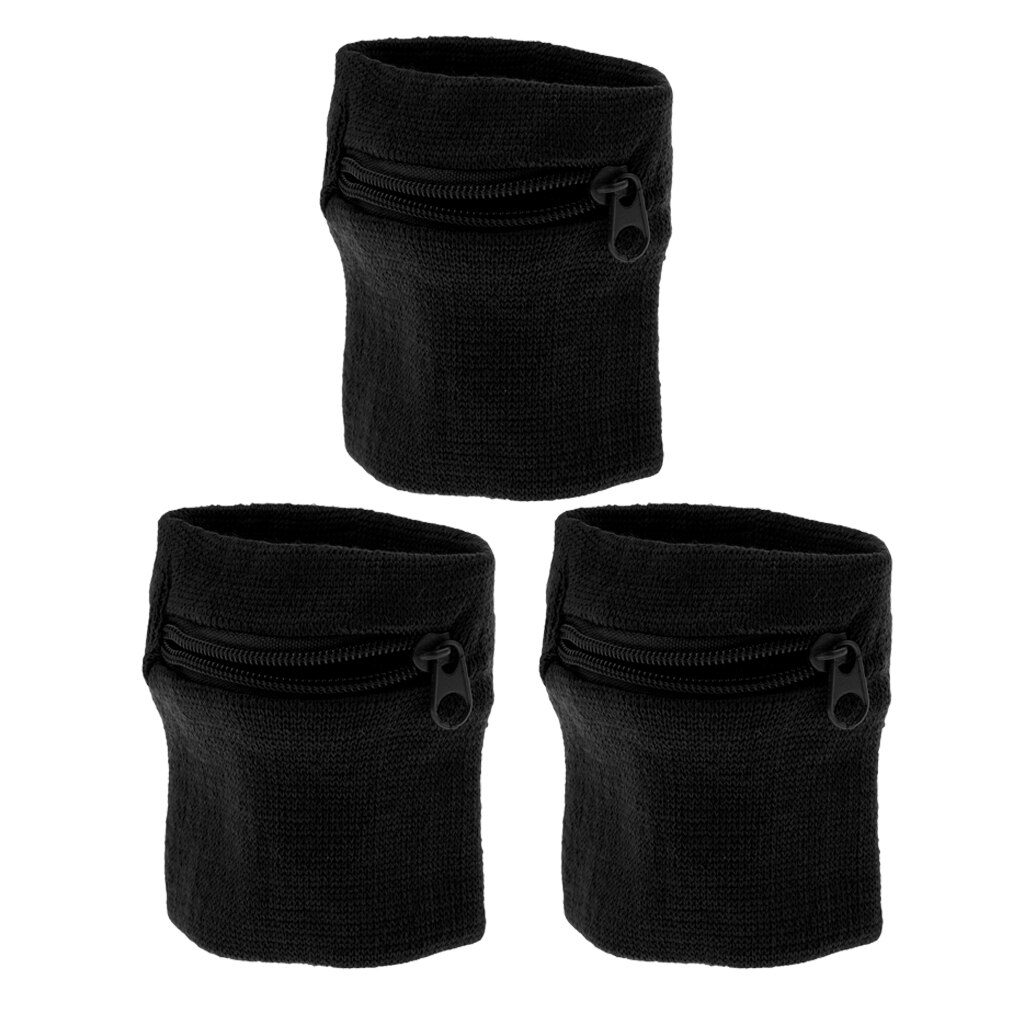 Pakke  of 3 sports tykt ensfarvet armbånd med lynlås/håndledspung (sort) - behagelig og ydeevne