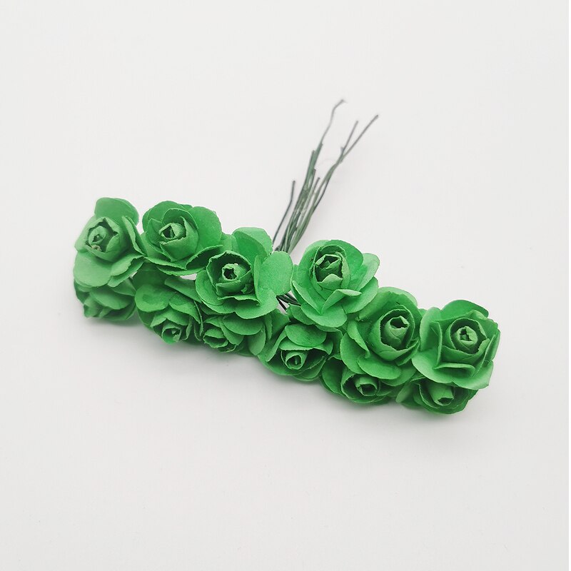 12 stk mini blomsterhode kunstig papir blomster rose brukt til bryllupsfest håndverk dekorasjon 19 farger: Grønn