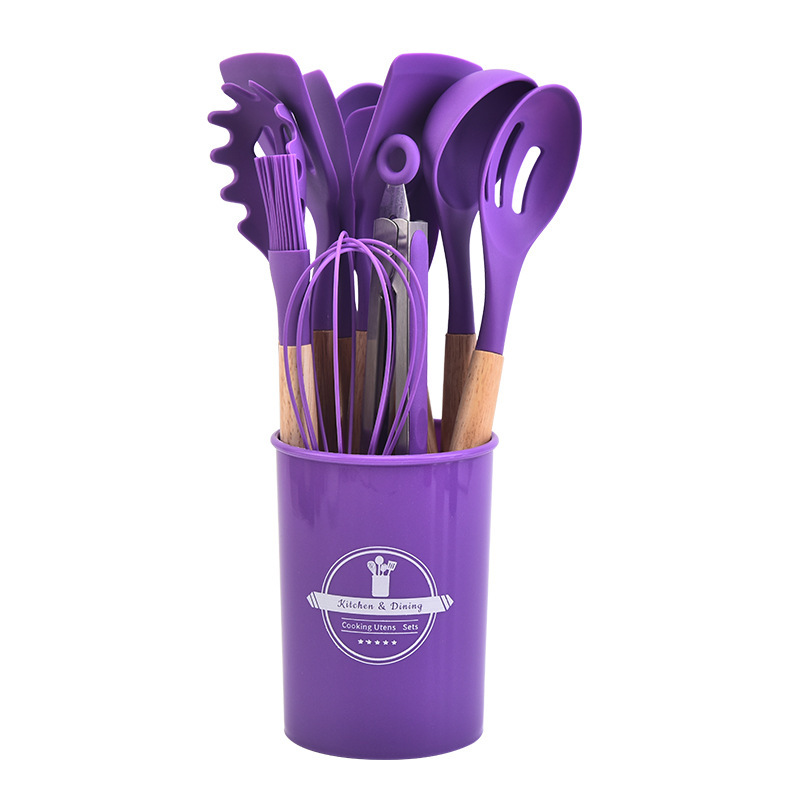 Ustensiles de cuisine en Silicone résistant aux hautes températures avec manche en bois, 12 jeux de pinces grattoir à crème Ladel, batteur à œufs: Violet