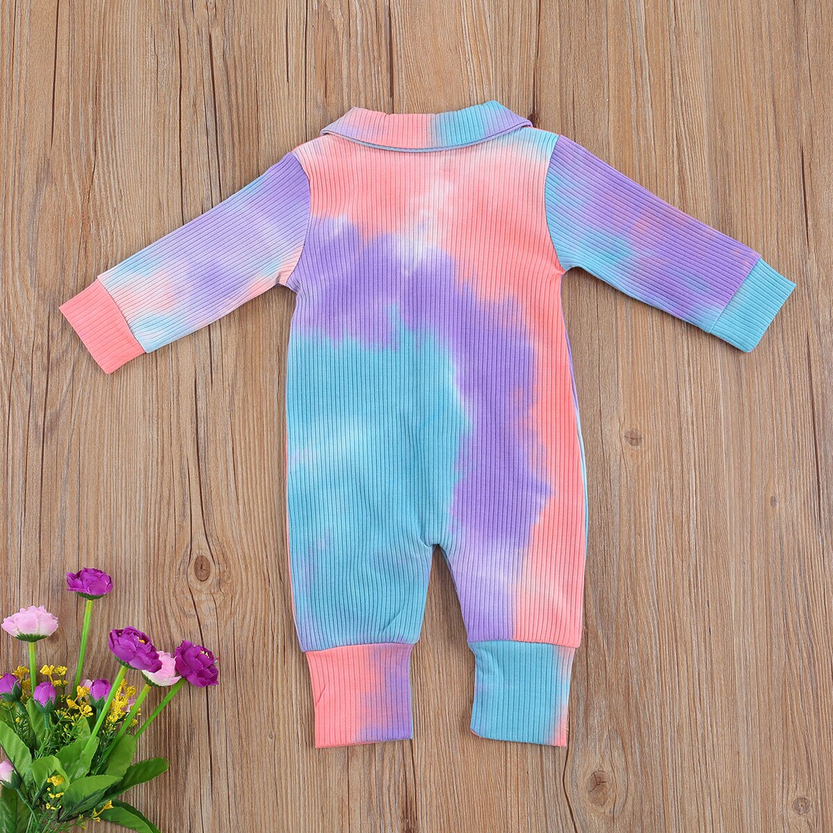 Kleinkind neugeboren Kind Baby Jungen Mädchen Rippen Strampler binden-Farbstoff Drucken Drehen-unten Kragen Langarm Strampler Gesamt für Jungen und Mädchen