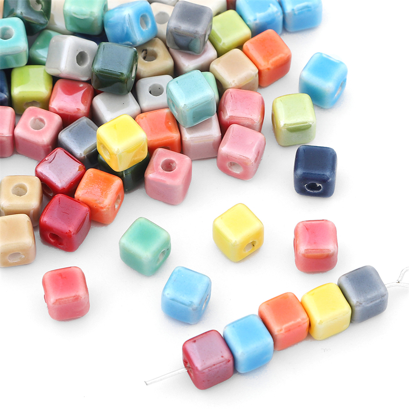 10 pçs cores da moda 6/8mm contas quadradas cubo contas de cerâmica diy 2mm buraco contas artesanais contas de porcelana para fazer jóias
