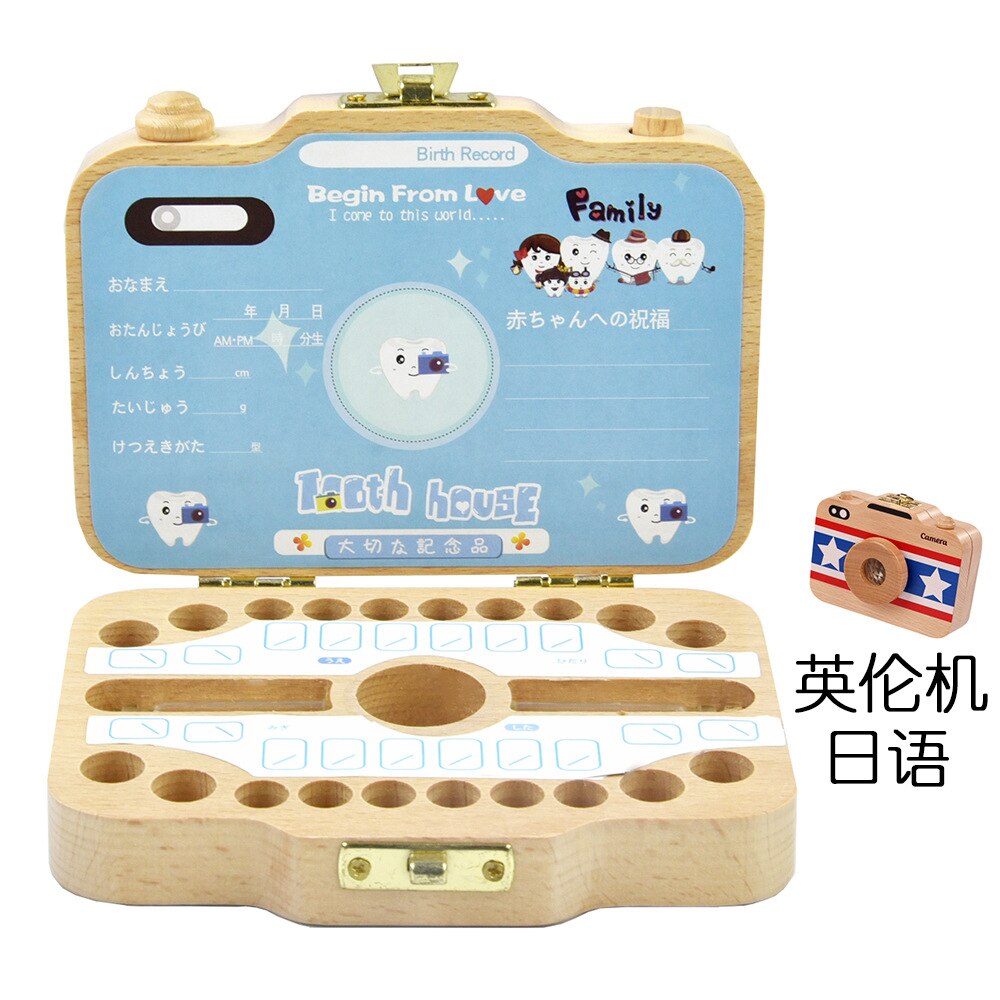 Baby houten tandendoos organizer melktanden opslag camera doos japans engels tanden verzamelen navelstreng bewaren baby tandendoos: Brits-japans