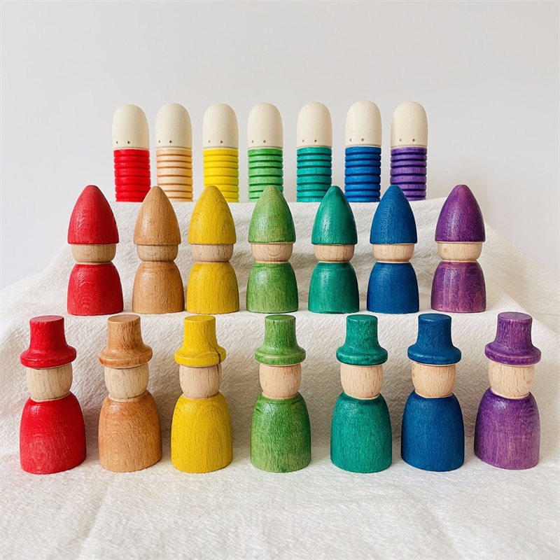 Regenbogen Peg Puppen Set Baby Holz Abbildung Blöcke Konstruktor Kinder Montessori Pädagogisches Spielzeug Open Ended Spielen Spielzeug für Kinder