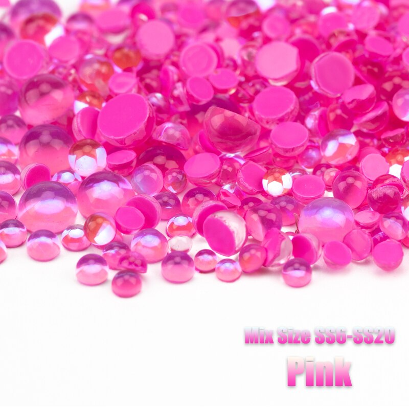 300Pcs Gemengde Grootte Nail Art Mermaid Ronde Glazen Crystal Plaksteen Diy 3D Snoep Kleuren Kralen Glitter Stenen Decoraties: Pink 300Pcs