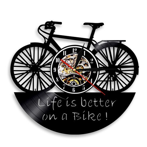 Fahrrad Zyklus Vinyl aufzeichnen Wanduhr Leben Ist Besser Auf EINE Fahrrad Jahrgang Wohnkultur Zauberstab Kunst Uhr Uhr: Nein LED