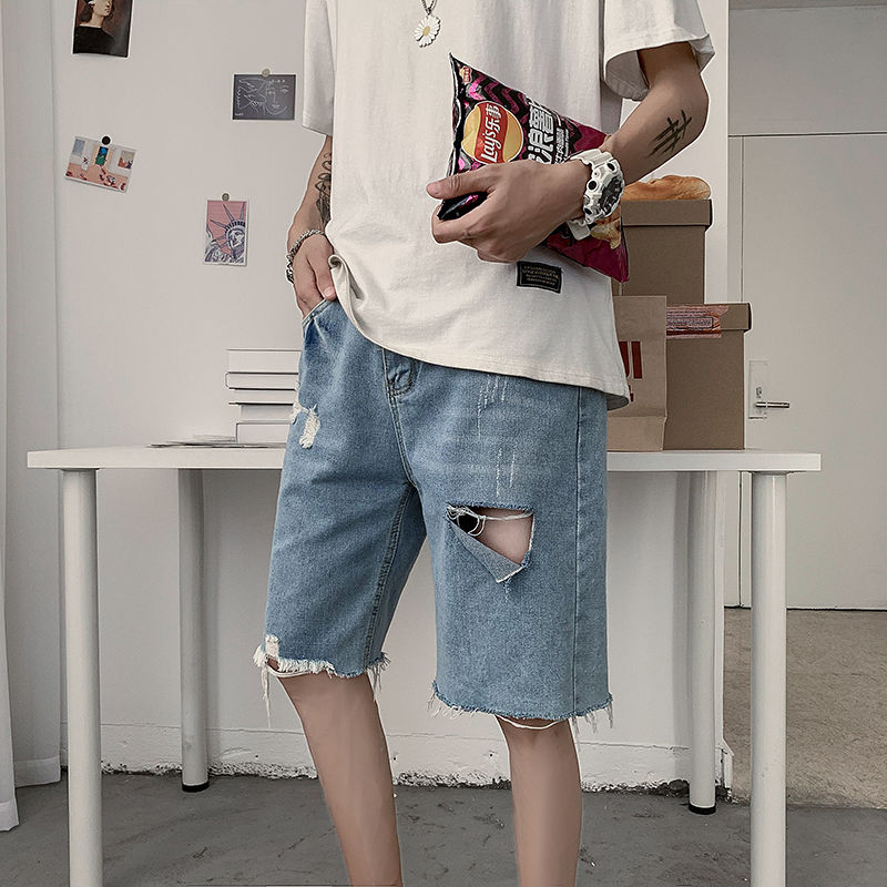 Sommer ripped denim shorts herre retro afslappet hul korte jeans herre streetwear løse lige denim shorts herre s -3xl: S