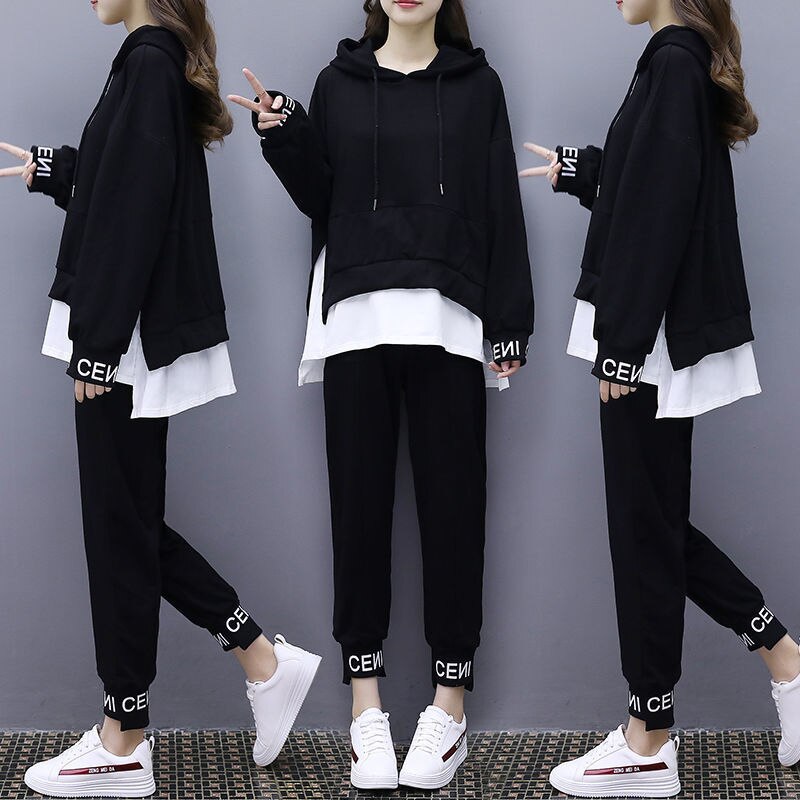 Women's Large Size Cool Two Piece Set Spring Student's Sweater Suit Girls Casual Loose Sport Running Sportwear