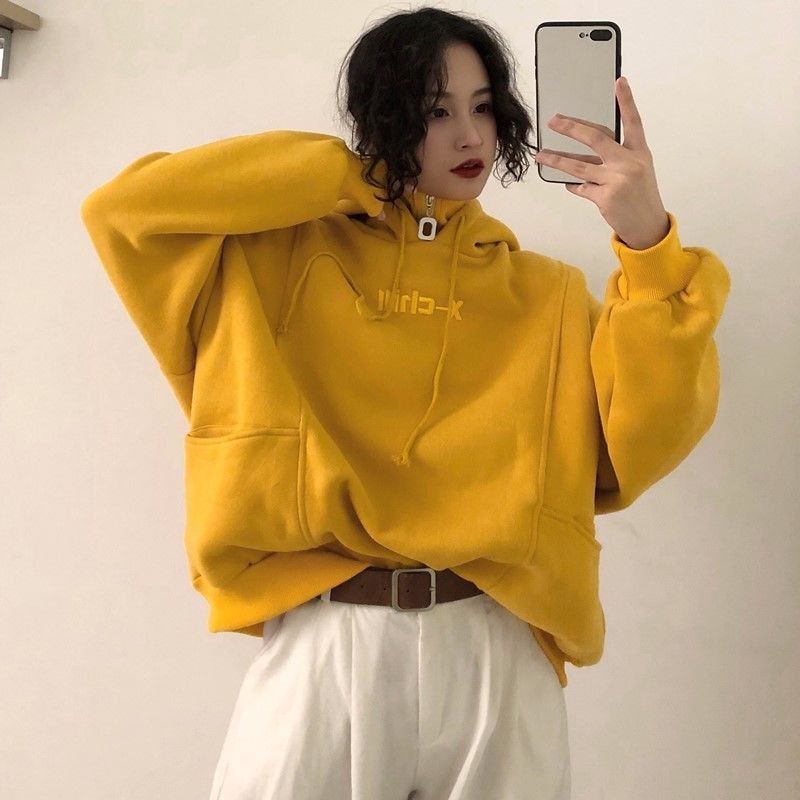Sudaderas con capucha para mujer, ropa de calle de Ulzzang informal sencilla de estilo coreano a la de Otoño Invierno, ropa de mujer Lisa sueltos y suaves: yellow / XXL