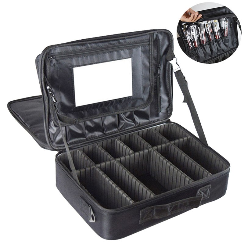 Vrouwen Professionele Nylon Make-Up Case Draagbare Reizen Schoonheidsspecialist Case Cosmetische Organizer Case Box Met Spiegel Schoonheid Koffer