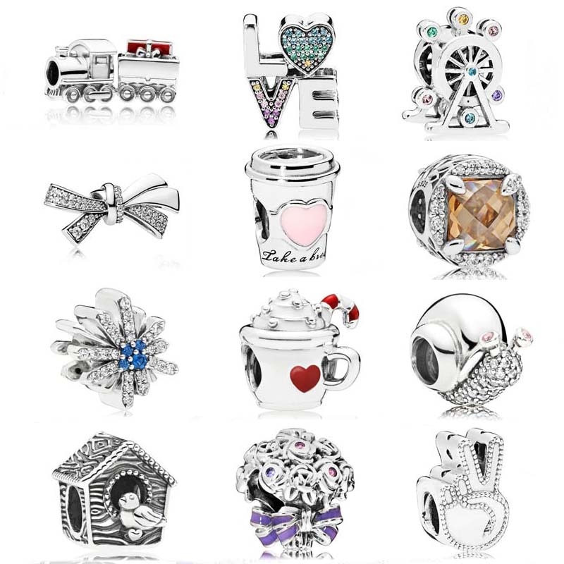 Koffie Drinken Kerst Trein Reuzenrad Oversized Brilliant Bow Woord Liefde Kralen 925 Zilveren Bedel Fit Armband Diy Sieraden