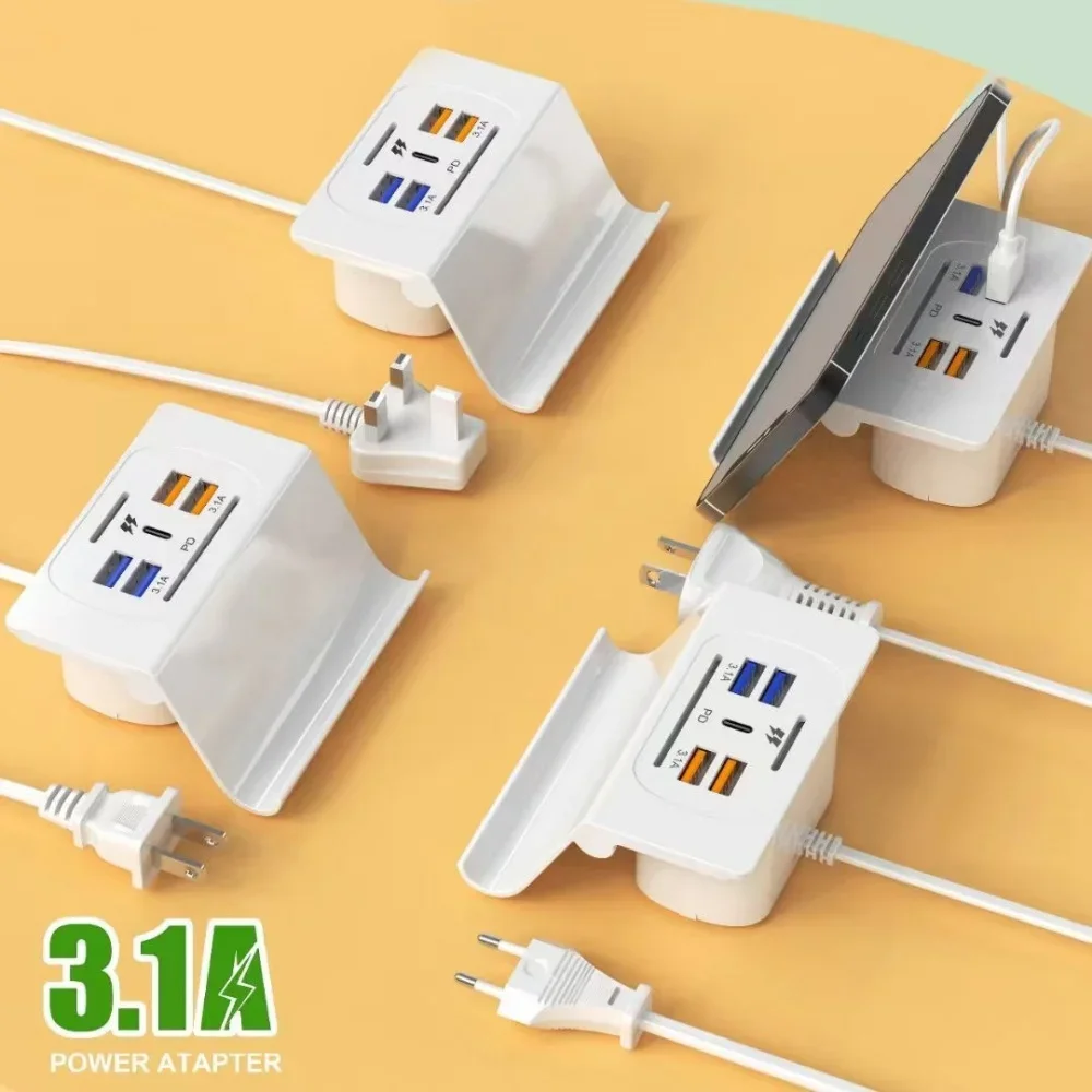 6- ports usb-opladerstation, opladestation til flere enheder, multi-usb-natbordsopladerstation med telefonholder