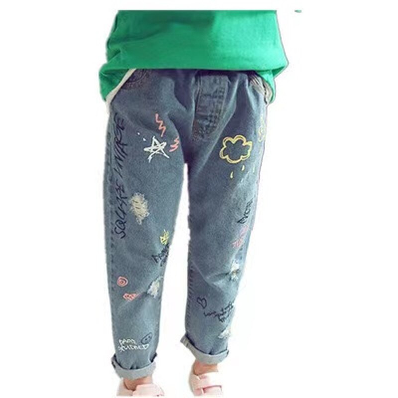 Pantalones vaqueros con estampado de grafiti para niños, ropa de primavera y otoño, con personalidad, informal, KJ29