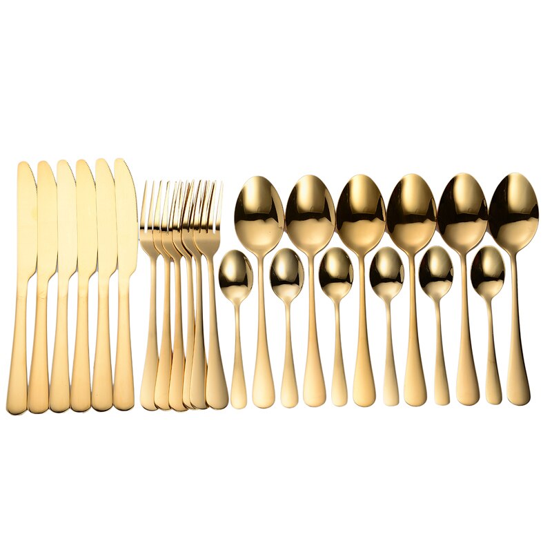 24Pcs Roestvrij Stalen Bestek Set Rose Gold Rainbow Zwart Bestek Set Keuken Mes Vork Lepel Servies Set Servies Set: Gold 24pcs